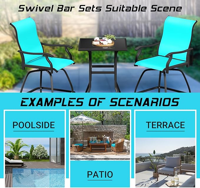 LEVELEVE Patio Bar Set 2pcs Swivel Bar Stools Outdoor Bistro Textilene Furniture Stability All-Weather Set (5, Lake Blue Padded)