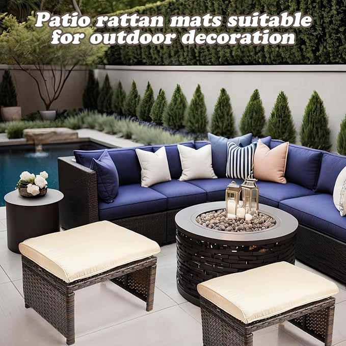 2 Pcs Patio Rattan Ottomans Outdoor Wicker Ottomans Patio Footstool Footrest with Removable Cushion Soft Zippered Cushions Function Footstool Seat Table for Backyard Balcony Poolside(Beige, Brown)