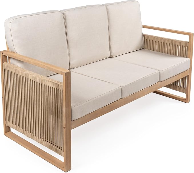 JONATHAN Y SFB1002A Gable 3-Seat Mid-Century Modern Roped Acacia Wood Outdoor Sofa with Cushions Scandinavian, Classic, Transitional, Industrial for Backyard, Patio, Porch, Beige/Light Teak