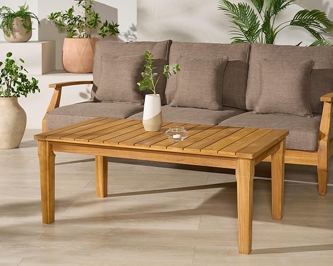 SAFAVIEH Couture Outdoor Patio Furniture Collection - Martinique Rectangular Coffee Table, Natural Teak Solid Wood Slatted Top (CPT1014D)
