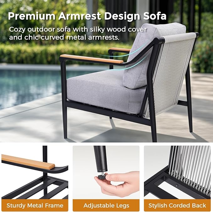 4 Pieces Outdoor Sofa Conversation Set, 4 Seats Couch Set with Table, Metal Frame Rope Weaving Design UV Resistance Waterproof for Patio Garden Balcony, Grey