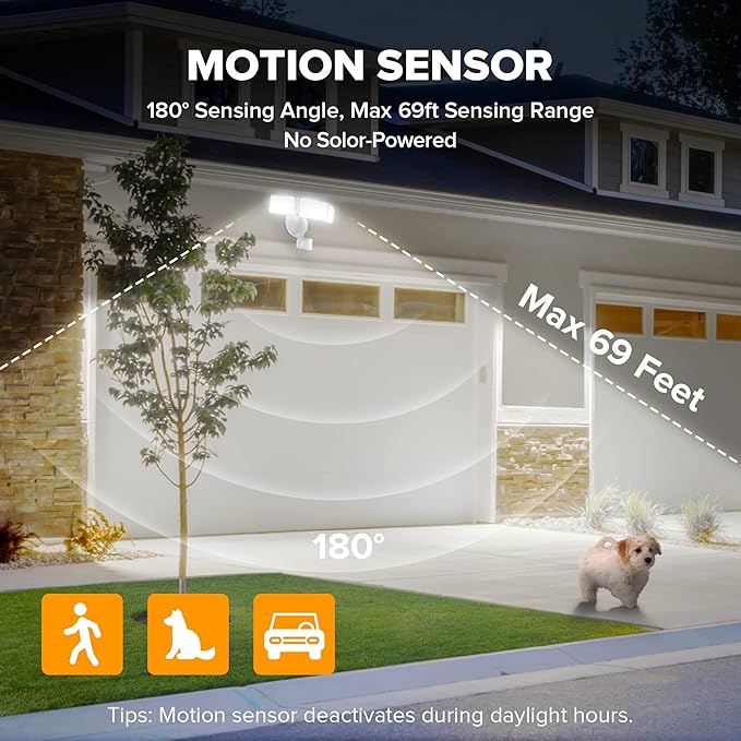 LUTEC 72W 7500LM LED Security Lights Motion Sensor Light Outdoor, 5000K Daylight, IP65 Waterproof, Dusk to Dawn, 3-Head Motion Detected Flood Light for Garage, Yard, Porch(White)