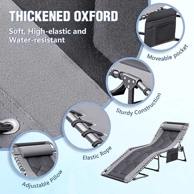 Devoko 4-Fold Padded Portable Folding Outdoor Chaise Lounge Heavy Duty Reclining Chair with Pillow & Side Pocket for Patio, Beach, Pool, Camping, Sunbathing (Gray)