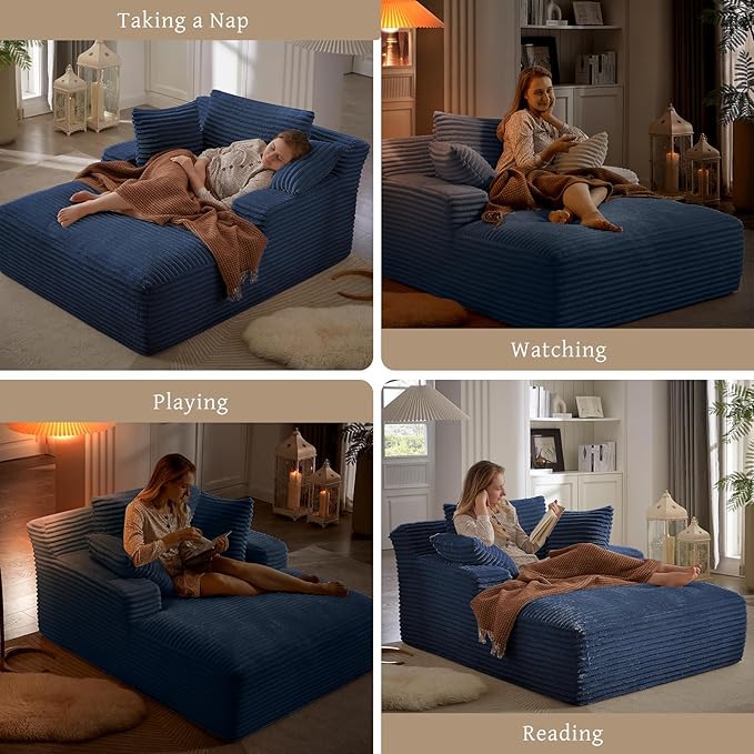 66" Chaise Lounge Chair Indoor, Oversized Boneless Couch Comfy Upholstered Sleeper Sofa Bed with 3 Pillows, Corduroy Cloud Reading Chair for Living Room No Assembly Required, Blue