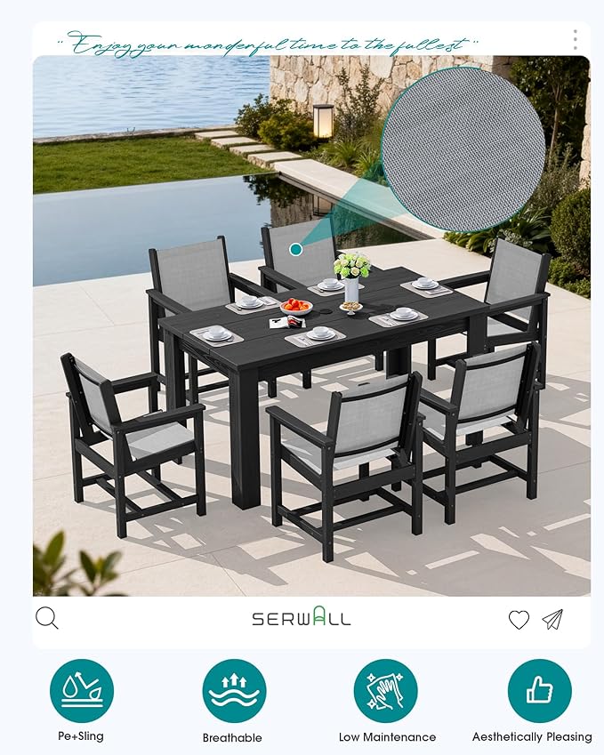 SERWALL 10 Piece Outdoor Dining Table Sets for 8 with 2 Umbrella Hole Cut-Out Rectangular Tables and 8 Textilene Chairs, HDPE Dining Table Sets for Garden, Backyard, Poolside, Black