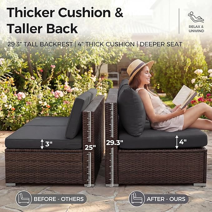 NICESOUL 9pcs Patio Furniture Set with Fire Pit Propane/Gas, 29.3'' High Back Modern Comfy Outdoor Conversation Set, Extra Wide Modular Sofa for Heavyweight, Brown Rattan and Dark Gray Cushion