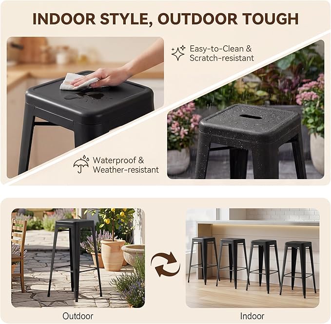 Shahoo 30 Inches Metal Bar Stools Counter Height Stackable Backless Stools, Industrial Patio Stools Indoor Outdoor Metal Kitchen Stools Set of 4 (Black, 30'')