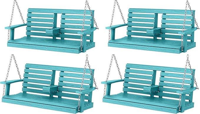 KINGYES Outdoor Hanging Patio Swing Set of 4, 2 Seat Swing Chair with Cup Holders, Waterproof Bench for Courtyard & Garden, 660LBS Weight Capacity, Aruba Blue