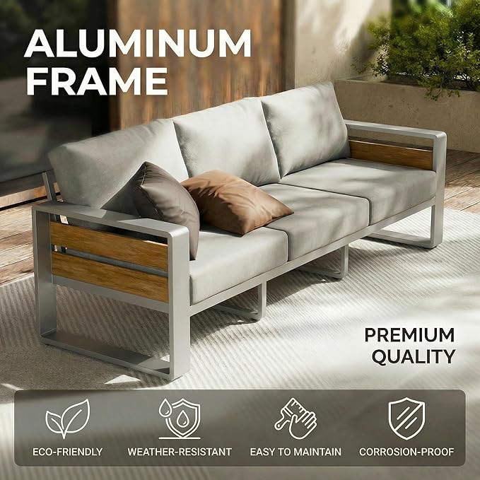 ZANDOR Aluminum Outdoor Patio Furniture - 1 Pcs Loveseat and Coffee Table, All-Weather Metal Modern Outside Furniture with Washable Thick Cushion for Garden/Backyard/Porch, Silver