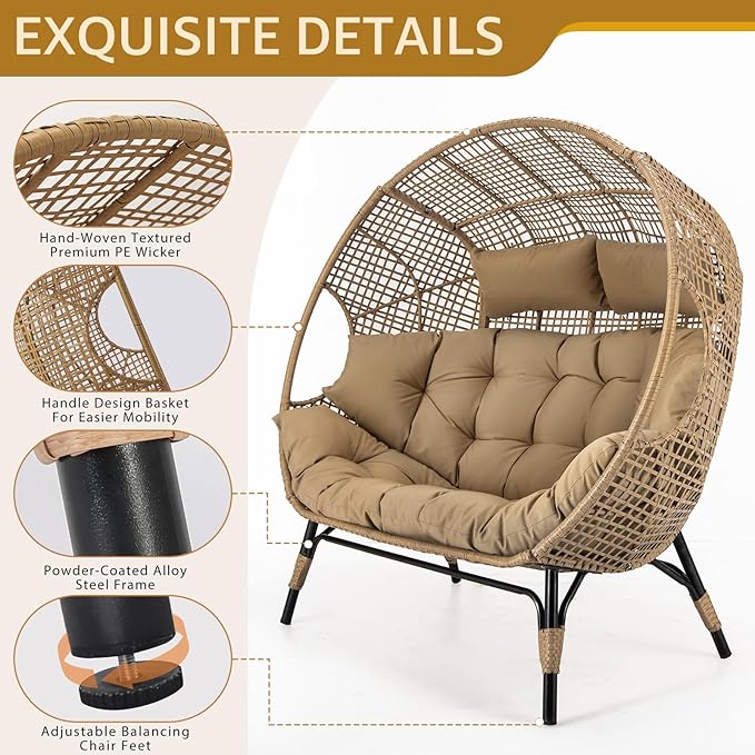 NICESOUL Indoor Outdoor Double Egg Chair with Footstools & 6.5" Thick Cushions, Oversized Wicker Egg Shaped Chair with Footrest, Stationary 2 Seater Comfy Loveseat for Patio Backyard Garden Sunroom