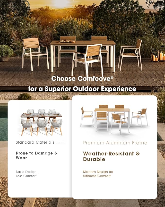 Outdoor Patio Dining Set, Aluminum & HDPS 5 Piece Outdoor Table and Chairs Set with Umbrella Hole, Modren Rectangular Patio Furniture Set with All-Weather Table and 4 Chairs (White & Teak)