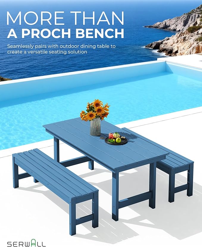 SERWALL 47 Inches Outdoor Bench Set of 2, All Weather HDPE Backless Bench with Wood Grain Texture for Garden Porch and Park, Curved Bench Seat for Comfort, Blue