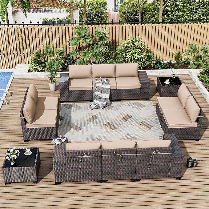 ALAULM 12 Pieces Outdoor Patio Furniture Set Sectional Sofa Sets Brown PE Rattan Patio Conversation Set w/10 Sand Seat Cushions and 2 Coffee Tables