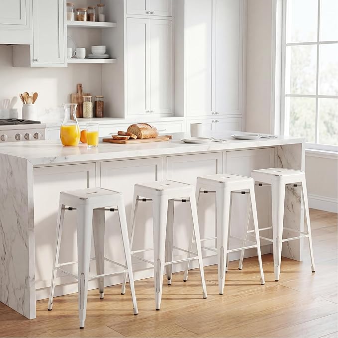 Shahoo 30 Inches Metal Bar Stools Counter Height Stackable Backless Stools, Industrial Patio Stools Indoor Outdoor Metal Kitchen Stools Set of 4 (Distressed White, 30'')