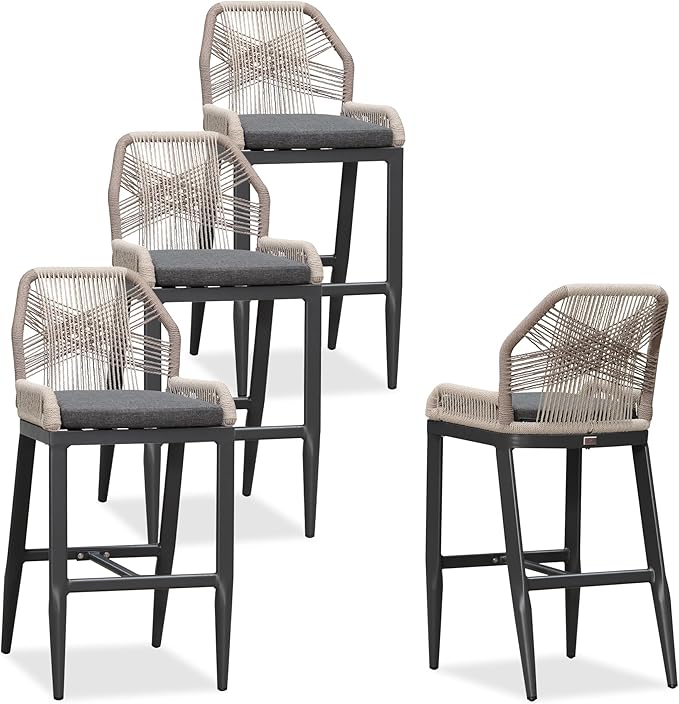 PURPLE LEAF Patio Bar Stool Bar Height Set of 4 Outdoor Rattan Chairs with Back Modern Aluminum Woven Barstools for Garden Indoor Kitchen Gray