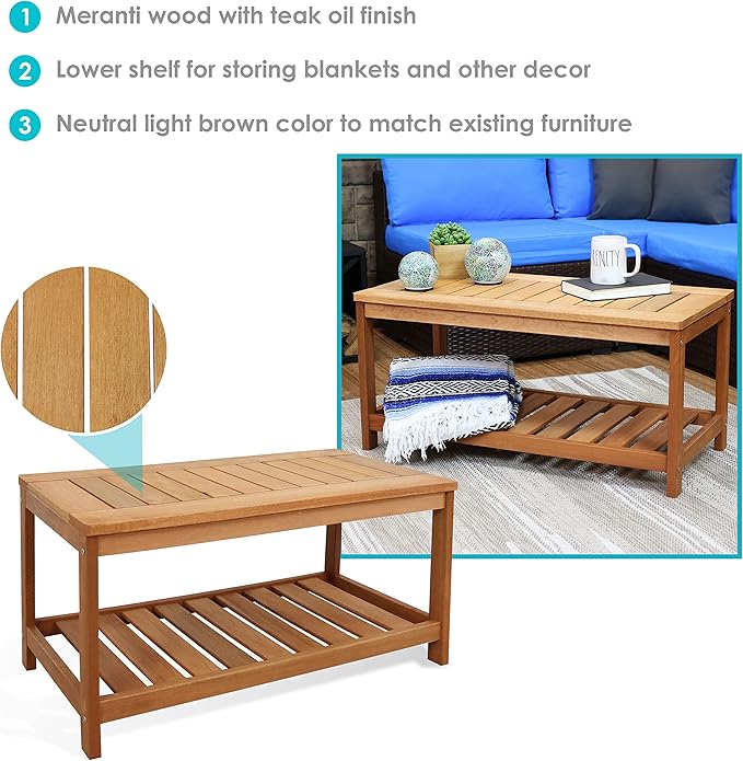 Sunnydaze Teak Outdoor Coffee Table for Patio - Coffee Table for Outside or Patio - Rectangle - 35 Inch - Meranti Wood