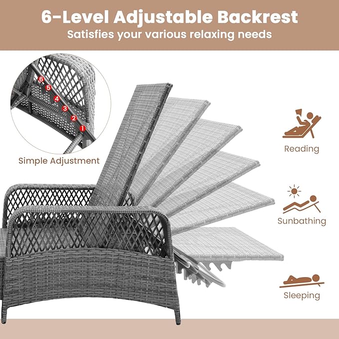 Tangkula Wicker Chaise Lounge Outdoor Set of 2, Patio Rattan Reclining Chaise with 6-Gear Adjustable Backrest, Thick Padded Cushion & Removable Lumbar Pillow, Pool Lounge Chairs for Outside Balcony