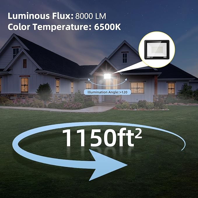 50W Flood Lights Outdoor,8000LM Bright LED Work Light,IP66 Waterproof Outside Lights for Yard with Switch and 6.5FT Plug,6500K Daylight White Outdoor Yard Light for Garage,Garden,Stadium(4Pack)