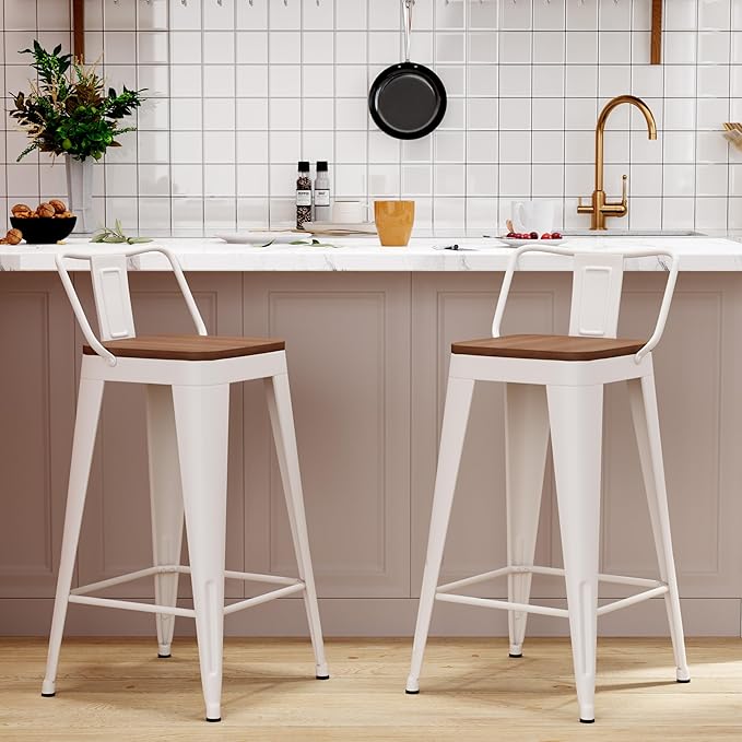 WENTMENT Metal Bar Stools Set of 2 Counter Height Barstools with Removable Back 30" Kitchen Bar Stools with Wooden Seat,Off White