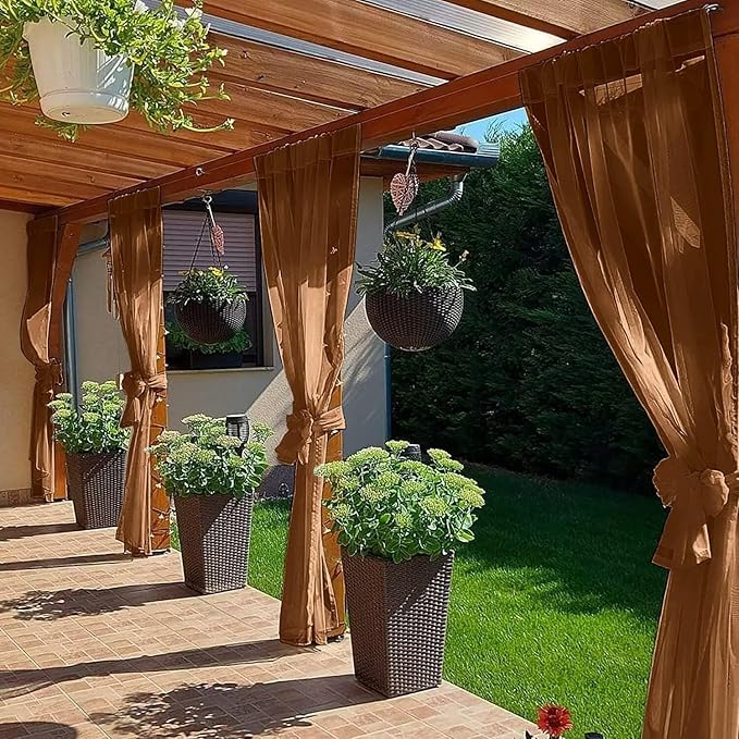 SpaceDresser Waterproof Outdoor Sheer Curtains for Patio - 2 Panels Rod Pocket Indoor Voile Sheer Curtain for Living Room,52W x 108L inch, Brown