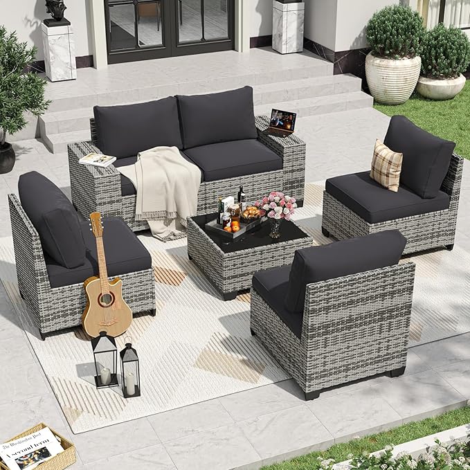 Aoxun 6 Pieces Patio Furniture Set Wicker Rattan Outdoor Sectional Conversation Set with Coffee Table and 4” Thickened Cushions, Gray Black (Waterproof Cover Included)