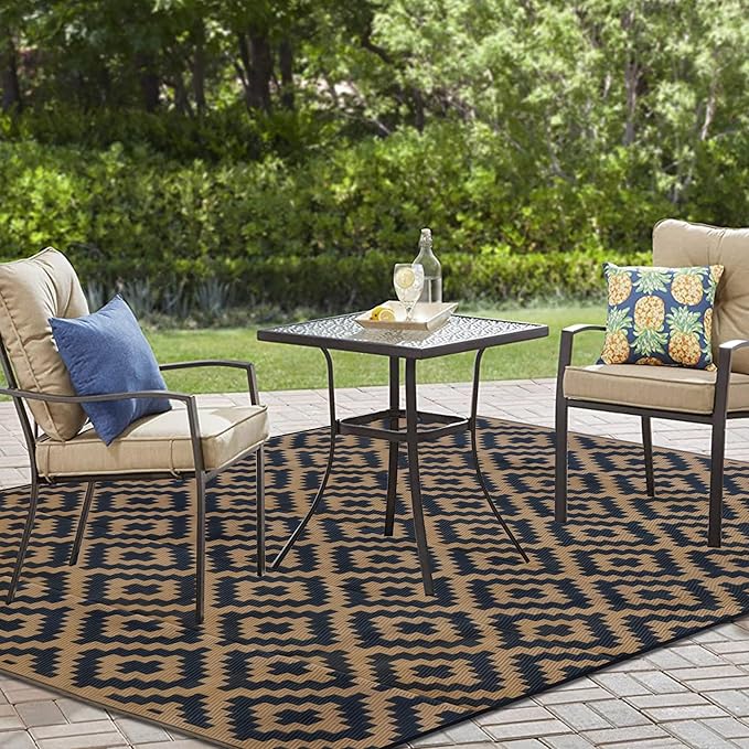 SAND MINE Reversible Mats, Plastic Straw Rug, Modern Area Rug, Large Floor Mat and Rug for Outdoors, RV, Patio, Backyard, Deck, Picnic, Beach, Trailer, Camping, Black & Brown, 8' x 8'