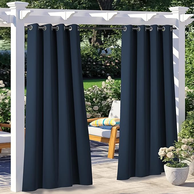 NICETOWN 2 Panels Navy Blue Outdoor Curtains for Patio Waterproof, Silver Stainless Steel Grommet Light Blocking Thermal Insulated Vertical Drapes for Front Porch & Canvas, W52 x L84