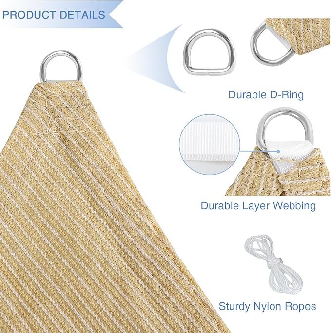 E&K Sunrise 5' x 5' x 5' Sun Shade Sail Triangle Canopy Shade Cover UV Block for Patio Backyard Garden Outdoor (Beige)