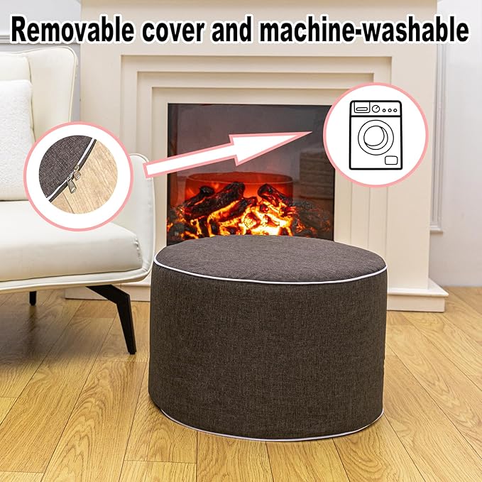 Asuprui Outdoor Indoor Foam Stuffed Ottoman Waterproof Round Ottoman Footrest Stool Diameter 20x Height 12 Inches Boho Foot Rest for Patio Living Room Porch Outdoor Seating Garden Camping Dark Coffee