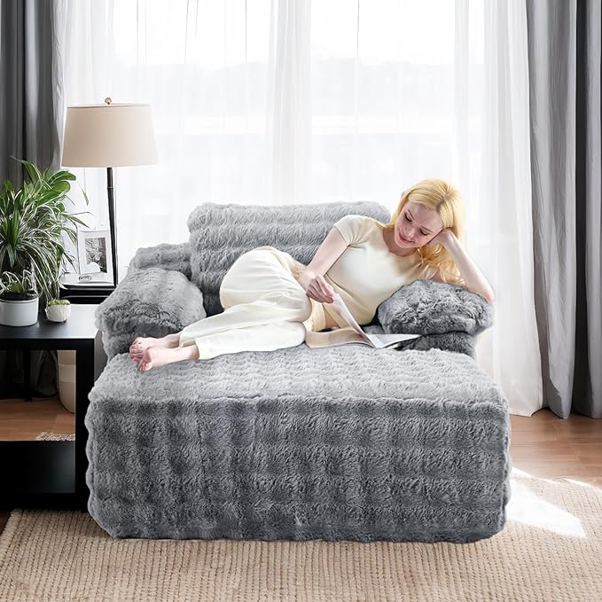 VINGLI 67.7" Oversized Chaise Lounge Chair Indoor Reading Chairs Comfy Bubble Fleece Upholstered Boneless Sofa Bed Sleeper Sofa Cloud Couches for Living Room, Bedroom, Play Room (Light Grey)