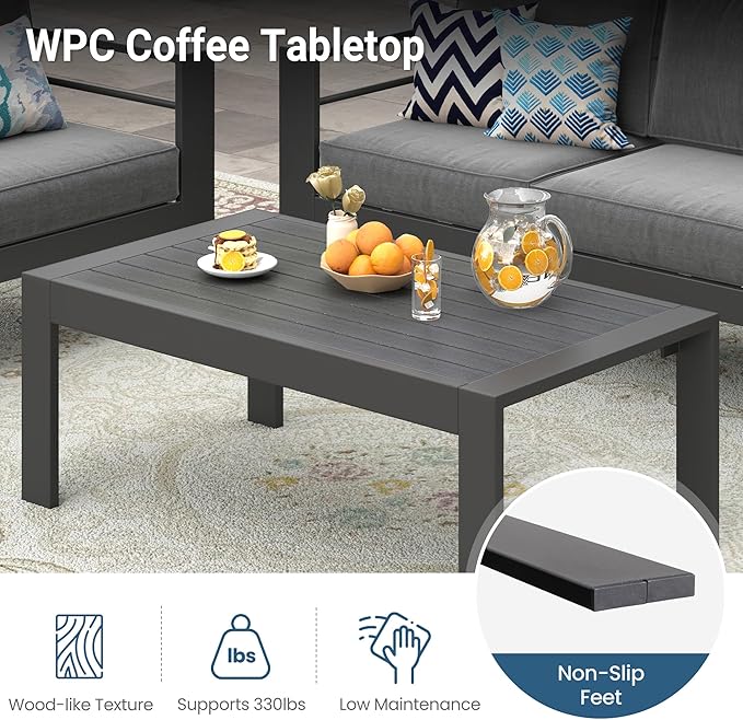 Wisteria Lane Aluminum Outdoor Patio Furniture Coffee Table, All-Weather Outdoor Metal Coffee Table, Modern Rectangle Coffee Table for Balcony, Garden, Dark Grey