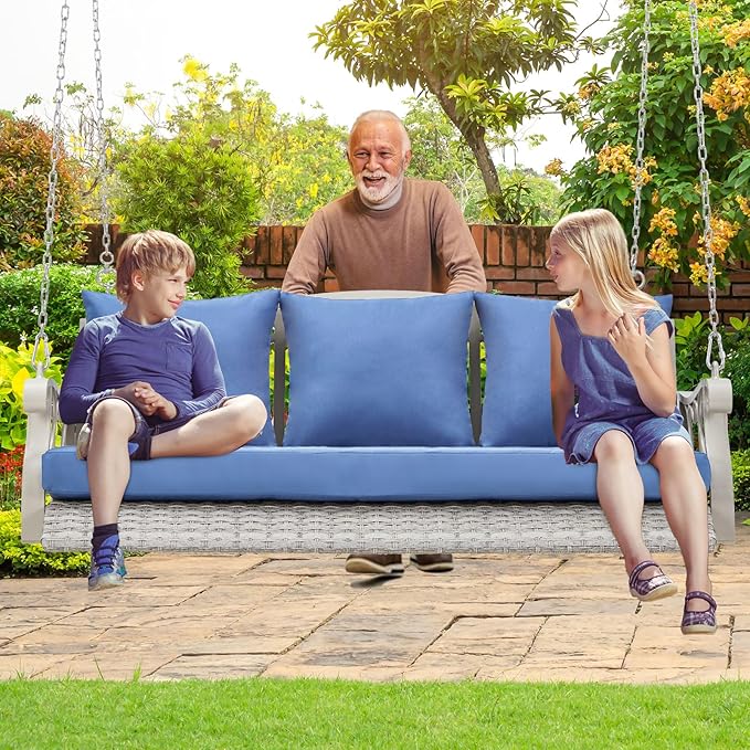 Heavy Duty 900 LBS Porch Swing Chair 3-Person Outdoor Rattan Patio Swing Lounge w/Cup-Holder & Steel Chains Wicker Hanging Bench Porch Swing Cushions for Deck & Backyard & Garden
