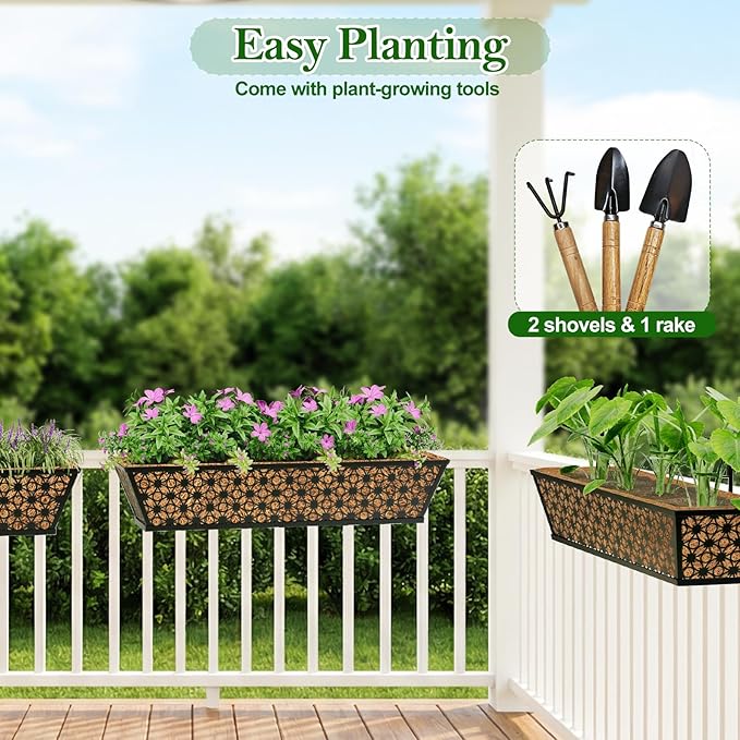 SPECILITE 24" Window Boxes Planters, Heavy Duty Metal Railing Planter Boxes, Adjustable Balcony Planters for Railing Hanging, with Coco Liner & Tool Set for Deck, Porch, and Patio Gardening (2 Pack)