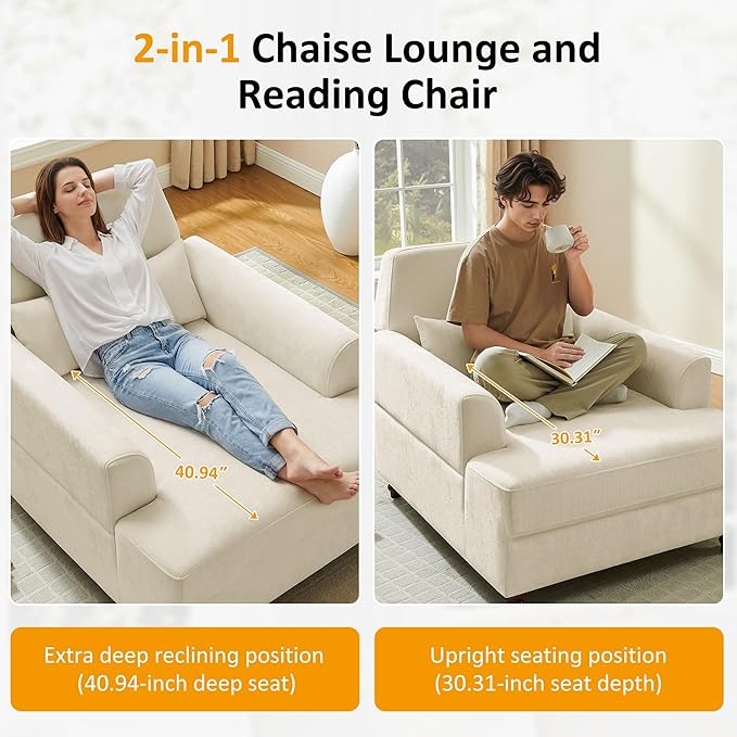 Chaise Lounge Chair Indoor with Adjustable Backrest, Upholstered Mid-Century Reading Chair, Oversized Accent Armchair for Living Room & Bedroom, Comfy Single Sofa Chair, Modern Living Room Chair