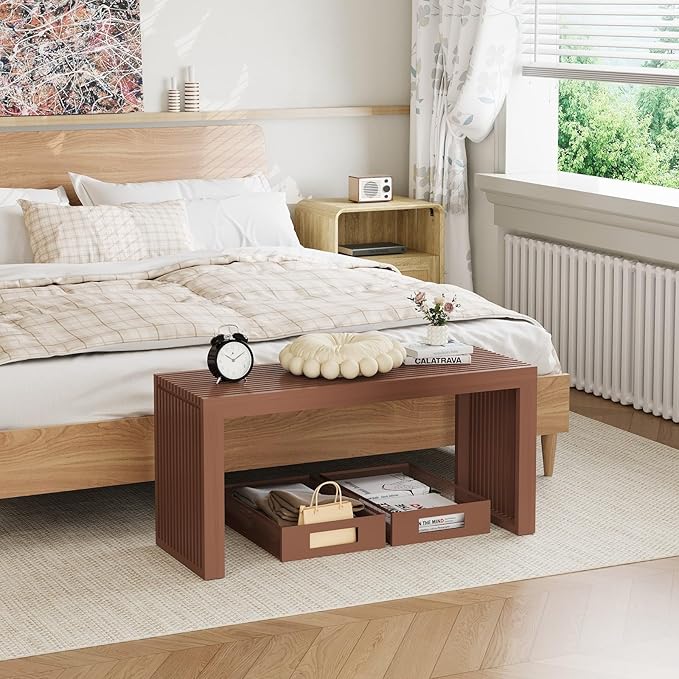 Bamboo Dining Bench, 35 inch Farmhouse Decor Indoor Kitchen Table Bench, Entryway Shoe Rack Bench, Outdoor Bench, Solid Bamboo Benches for Living Room, Hallway, Bedroom, Bathroom (Walnut, Long)