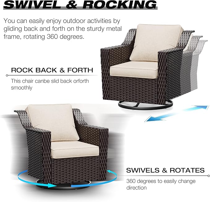 Joyside Wicker Patio Furniture Sets, 8 Pieces Upgraded Large Size Outdoor Furniture with 4 Swivel Rocking Patio Chairs, 3-Seat Sofa, Fire Table, Coffee Table, Thick Cushions, Wide Armrest, Beige