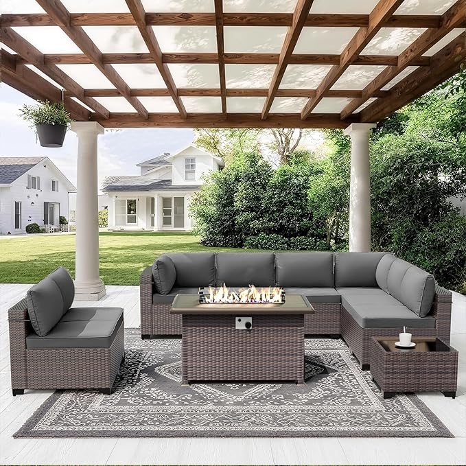 ALAULM 10 Pieces Patio Furniture Set with Propane Fire Pit Table Outdoor Sectional Sofa Sets Patio Furniture 43" Gas Fire Pit Brown PE Rattan Patio Conversation Set w/8 Seat Cushions (Grey)