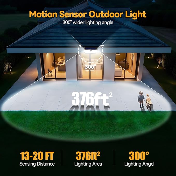 TECKNET 4200Lm 416 LED Solar Motion Lights Outdoor Waterproof, 300° Angle & 3 Lighting Modes Motion Sensor Light Outdoor, 4 Pack Security Solar Lights IP66 for Fence Front Door Yard Deck Garden Garage