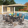 PHI VILLA Swivel Chair Patio Dining Set with 13ft Outdoor Beige Umbrella, 6 Padded Textilene Armrest Dining Chair and 1 Large Metal Table, Outdoor Table Chair Dining Set for Patio Lawn Garden