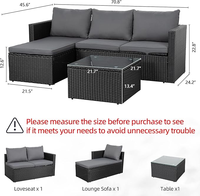 Shintenchi Outdoor Patio Furniture Sets, Small Outdoor Sofa Patio Sectional Sets 3-Piece All Weather Wicker Rattan Patio Seating Sofas with Glass Coffee Table and Cushion (Gray)