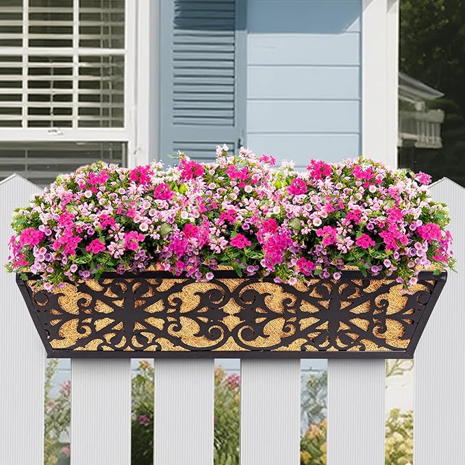 2 Pack 24 Inch Window Boxes Planters Railing Planter Box with Adjustable Brackets & Coco Liners Fabric Plant Grow Bags Deck Railing Planter Boxes Balcony Hanging Flower Box for Outdoor Plants