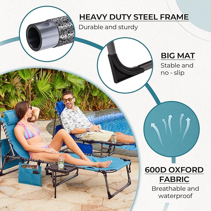 FUNDANGO 4 in 1 Tanning Chair with Face Hole, Beach Lounge Chair w/Canopy Shade & Side Table Chaise Lounge Chairs for Patio, Pool, Lawn, Sunbathing, 5-Position Adjustable Sun Lounger, Cyan