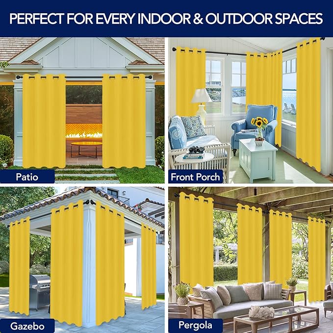 PureFit Outdoor Curtains for Patio Waterproof Weatherproof, UV Resistant Outside Curtains for Gazebo, Front Porch, Pergola, Sun Blocking Privacy Curtain, 52W x 95L inch, 1 Panel, Yellow