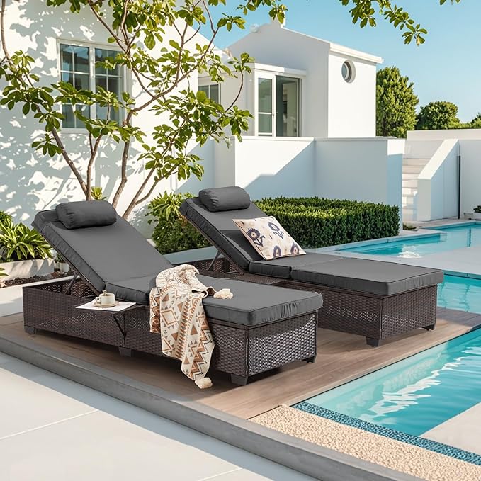 Outdoor Lounge Chairs, Pool Lounge Chairs Set of 2, Outdoor Chaise Lounge with Adjustable Backrest & Cup Holder,Grey Cushiom