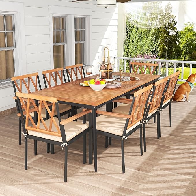 Tangkula 9-Piece Patio Dining Set, Outdoor Acacia Wood Dining Table with 1.9" Umbrella Hole& 8 Dining Chairs with Cross Hollow Back and Seat Cushions, for Garden, Porch, Deck, Natural