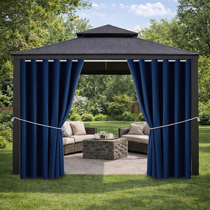 Water Proof Outside Curtains with Grommet Top for Porch, W84 x L120 Thermal Insulated Washable Light Block Outdoor Divider Drapes for Patio Gazebo Deck Pool Area Pergola Cabana (Navy)