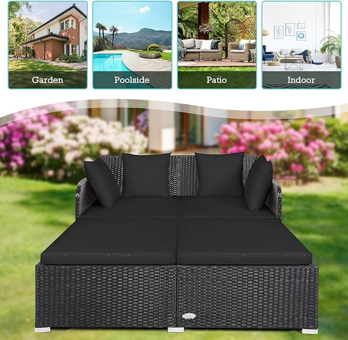 RELAX4LIFE Rattan Patio Outdoor Daybed, Wicker 2-Person Sunbed Loveseat with Soft Cushions, 4 Pillows, Curved Backrest & Armrest, Double Bed Lounger Sofa Set for Balcony Porch, Patio Bed (Black)