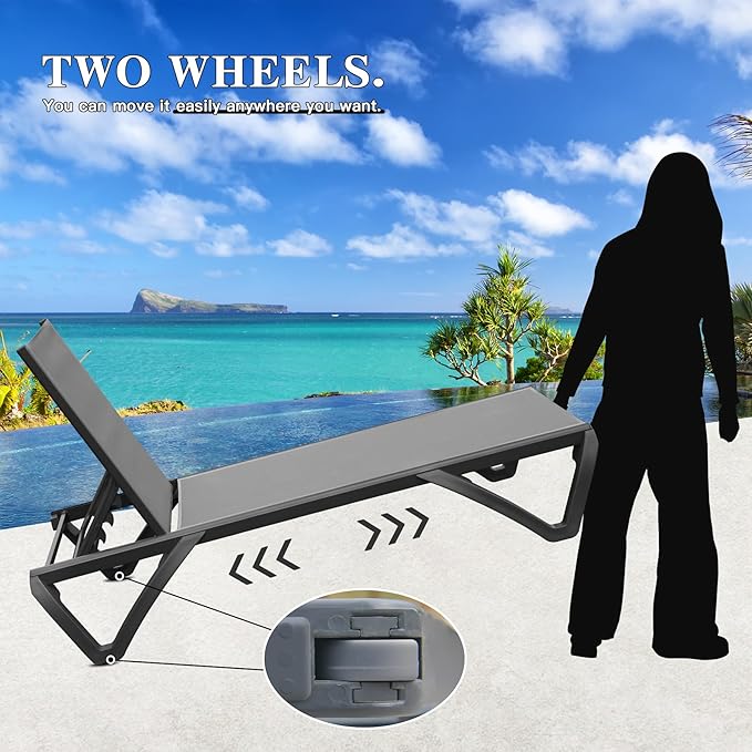 Domi Pool Lounge Chairs Set of 2 with Side Table, Aluminum Outdoor Chaise Lounge with Wheels, All Weather Outdoor Lounge Chair for Deck Lawn Patio Backyard, Textilene- Gray
