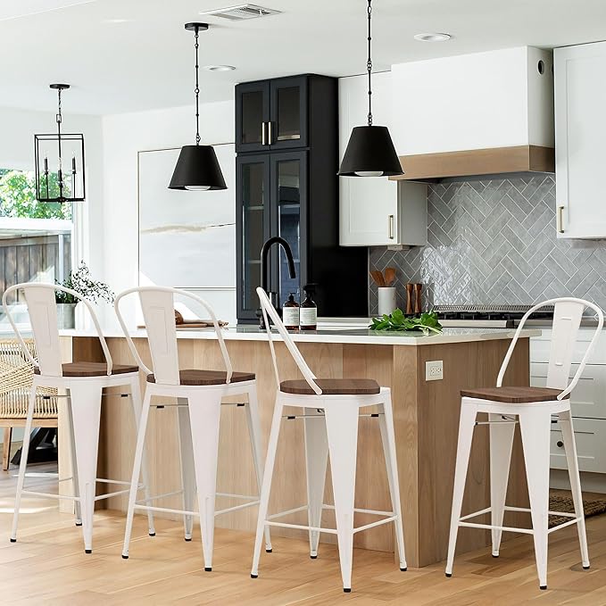 Alunaune 30" Swivel Metal Bar Stools Set of 4 High Back Counter Height Barstools Industrial Dining Bar Chairs with Large Wooden Seat-White