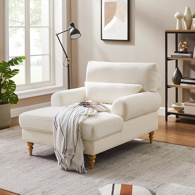 Modern Chaise Lounge Chair with Adjustable Backrest, Upholstered Indoor Leisure Sofa Recliner, Oversized Accent Chair Deep Seat Reading Armchair for Living Room, Bedroom, Office, Beige White